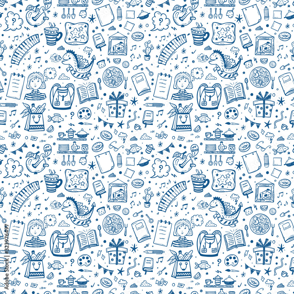 Childhood Vector Background. Seamless Pattern with Hand Drawn Doodle Various Item Icons for Kids. Back to School Wallpaper.