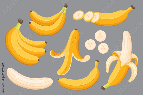 Set of cartoon illustration yellow bananas. Single, banana peel and bunches of fresh banana fruits.