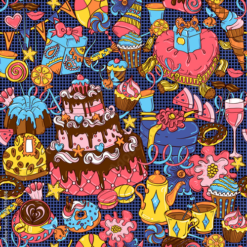 Birthday  Party  Holiday  Treats  Gifts seamless pattern  texture. Bright template for greeting card  banner  packaging design.