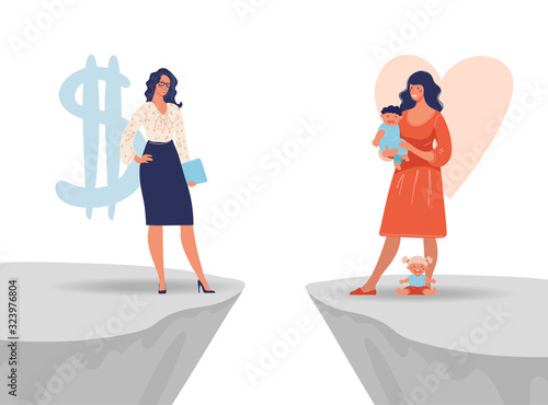A woman chooses between family and work. The issue of female priorities between childbirth, health, marriage and career, money, business. Flat vector illustration