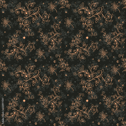 Beige abstract little floral seamless pattern on black  background. Texture in liberty style for curtains, textile. 