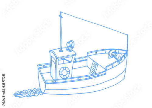 sea longboat for fishing and travel with wake of waves, color vector illustration with blue contour lines isolated on white background in a hand drawn style