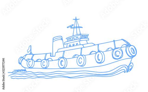 port marine tugboat, with dampers and a wake of waves, color vector illustration with blue contour lines isolated on white background in a hand drawn style
