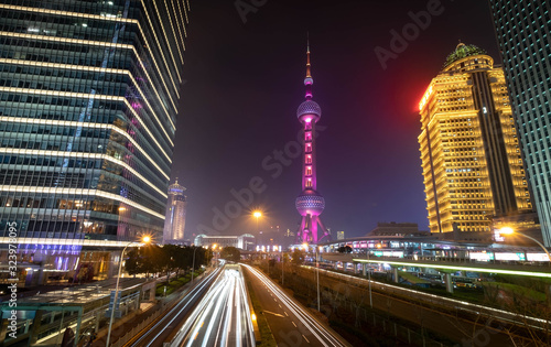 A night view of the modern Pudong skyline across the Bund in Shanghai  China.