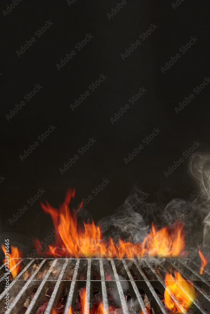 Hot empty portable summer barbecue BBQ grill with bright flaming fire and  ember charcoal on black background. Cookout concept. Close up, copy space  Stock Photo | Adobe Stock