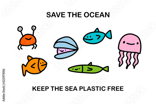 Save the ocean keep sea plastic free hand drawn vector illustration in cartoon comic style