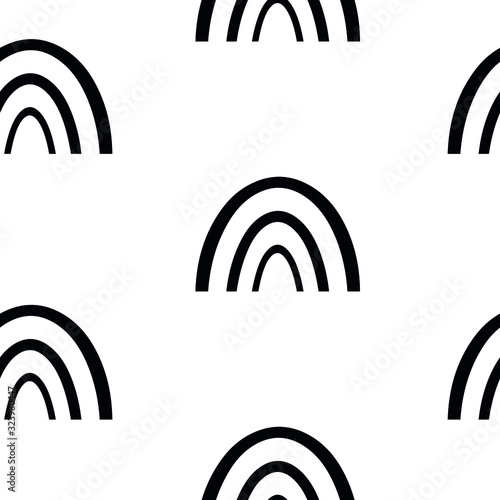 Scandinavian black and white seamless pattern with rainbows. Background for kids designs. Minimalistic childish vector illustration.