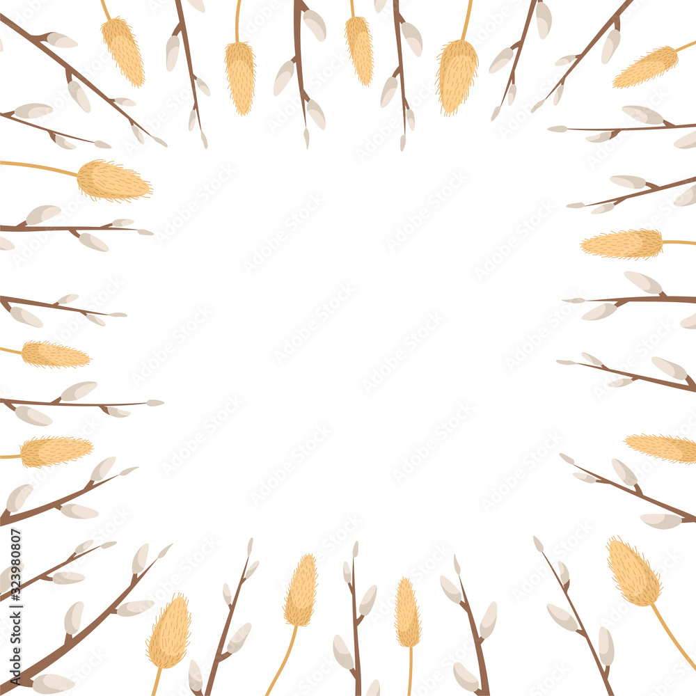 Easter template with space for text. Flat lay background with willow branches. Easter template with space for text. Flat lay background with willow branches.