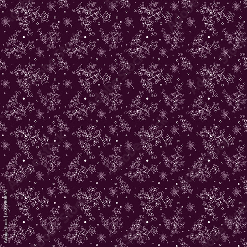 Wight abstract little floral seamless pattern on dark cherry color background. Useful for curtains, textile, design, wrapping.