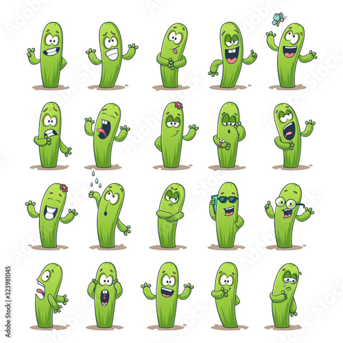 Cactus sticker set. Set of cute cartoon characters. Vector collection for stickers, patches, badges, pins.