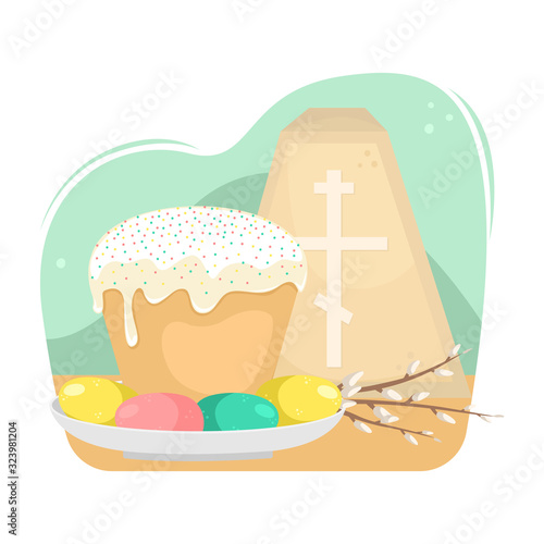 Easter illustration with a kulich, willow twigs and cottage cheese Easter.