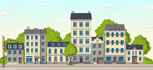 Cartoon cityscape panorama. Vector illustration with separate layers.
