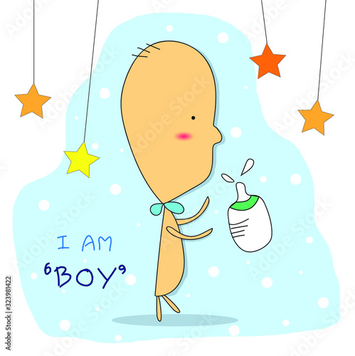 It's a boy, Baby shower blue design. Greeting card. Vector illustration.