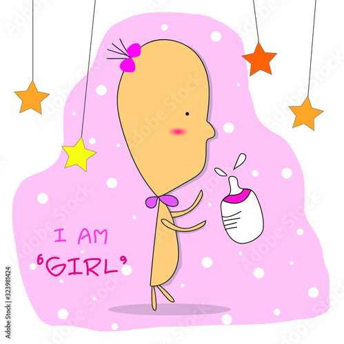 It's a girl, Baby shower pink design. Greeting card. Vector illustration.
