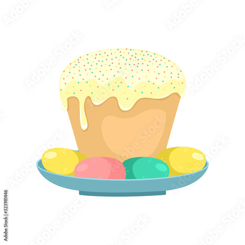 Easter illustration with a kulich and Easter eggs.