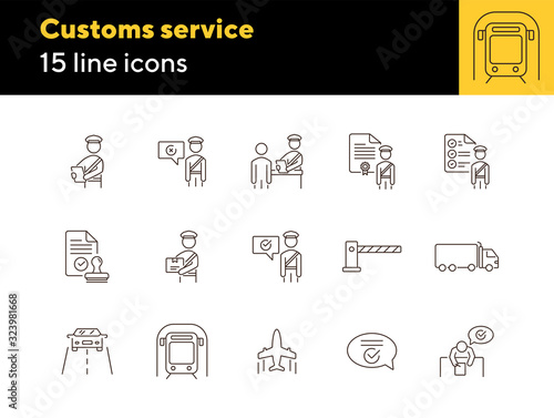 Customs service icons. Set of line icons. Check of package, truck, airplane, train. Logistics concept. Vector illustration can be used for topics like shipment, transportation, delivery