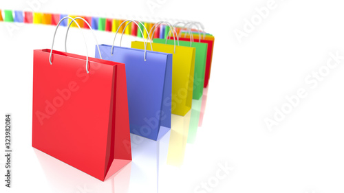 Long line of Colorful Shopping Bags on white background