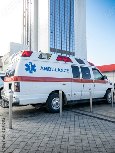 Image of modern ambulance car with special medical equipment at hospital