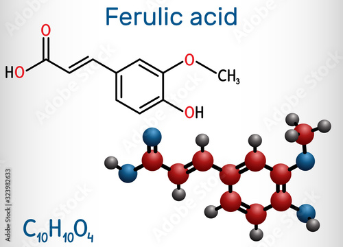 Ferulic acid, coniferic acid, C10H10O4 molecule. It is phenolic acid, an antioxidant, an anti-inflammatory agent, an apoptosis inhibitor, a cardioprotective agent
