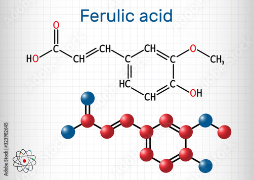 Ferulic acid, coniferic acid, C10H10O4 molecule. It is phenolic acid, an antioxidant, an anti-inflammatory agent, an apoptosis inhibitor, a cardioprotective agent. Sheet of paper in a cage.