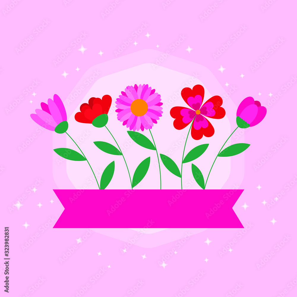 This is background with flowers, leaf. Cute vector card. Could be used for flyers, banners, postcards, holidays decorations, spring holidays, Women’s Day, Mother’s Day.