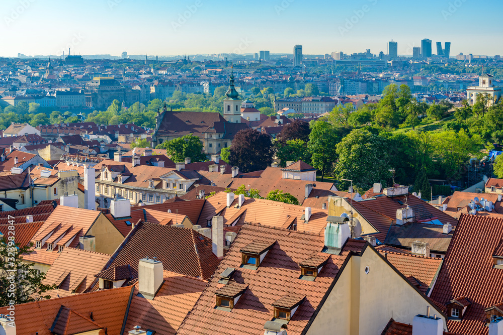 Top view to red roofs and green trees skyline of Prague city Czech republic. Top view to red roofs and green trees skyline of Prague city Czech republic.