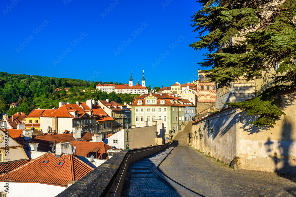 View to red roofs, streets and green trees skyline of Prague city Czech republic.