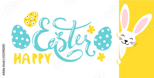 Modern easter banner. Happy Easter wish, decorated eggs, cute bunny. Hand written text. Simple cartoon vector illustration in yellow and blue