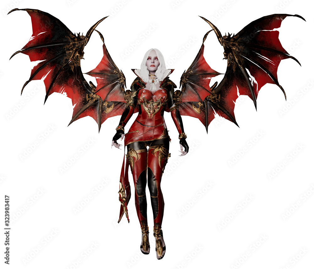 A 3D rendered fictional character as a vampire mistress with red bat wings  and a leather outfit isolated on a white background. Stock Illustration |  Adobe Stock