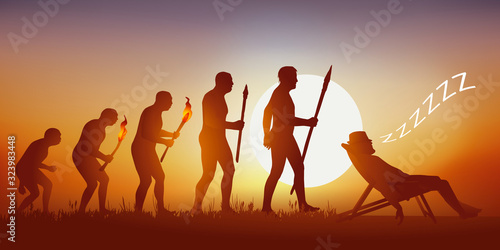 Concept du repos et de la détente, avec le symbole de l’évolution de Darwin qui aboutit sur un homme allongé sur un transat en train de dormir.
