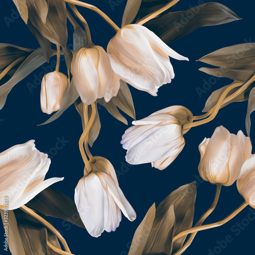 Tulips seamless pattern. Watercolor illustration. Spring backgraund.
