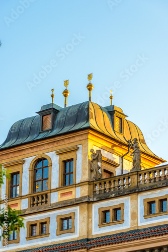 Fragment of the top of old building at Prague city Czech republic.