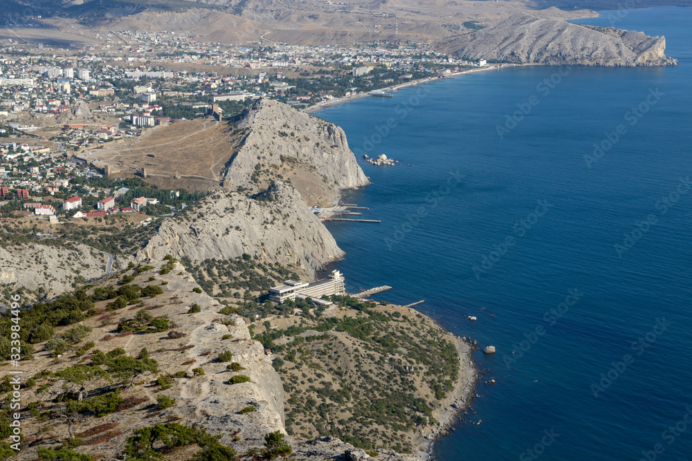 View towards Sudak coastline from Sokol (Hawk) Mountain, Crimea, Russia.