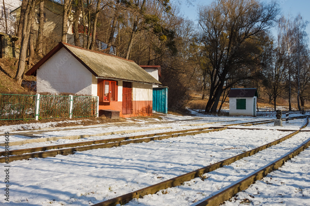 Auxiliary buildings of the children's railway station. Children's railway in the winter. 