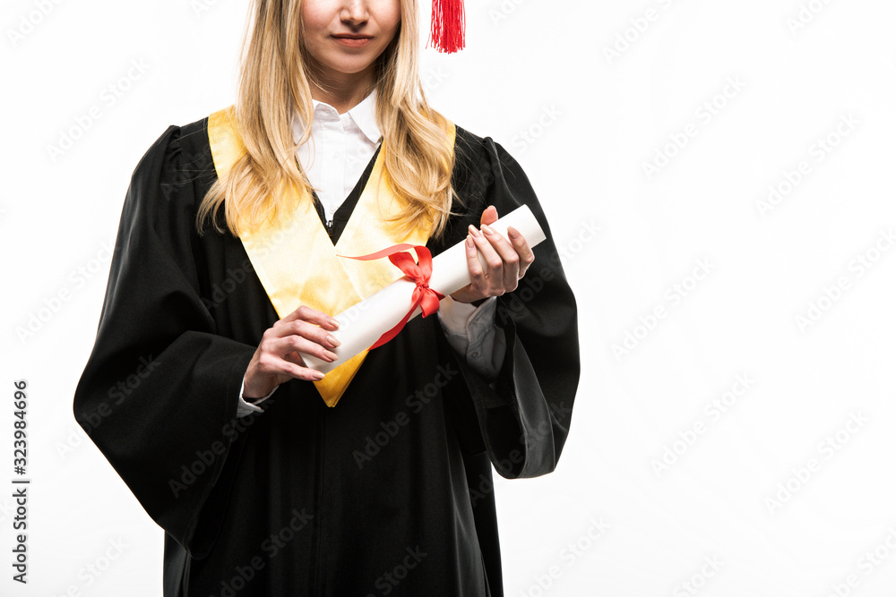 Front view of woman holding diploma isolated on white Front view of woman holding diploma isolated on white