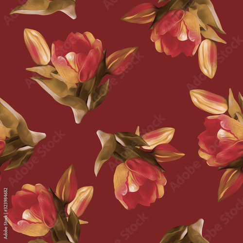 Tulips Seamless Pattern. Watercolor Background.