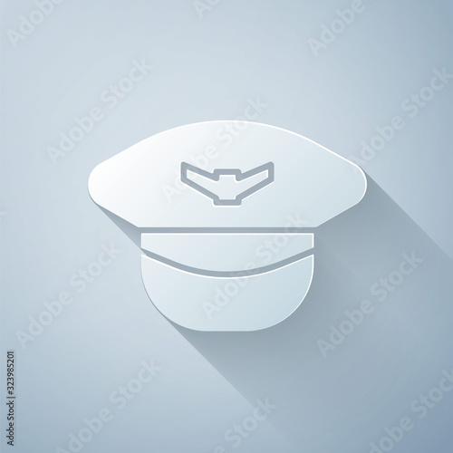 Paper cut Pilot hat icon isolated on grey background. Paper art style. Vector Illustration