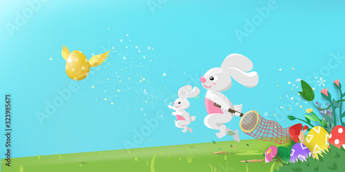Happy Easter, greeting card, fantasy garden with rabbit and friends cartoon character with egg hunting festive concept, seasonal holiday poster background vector illustration