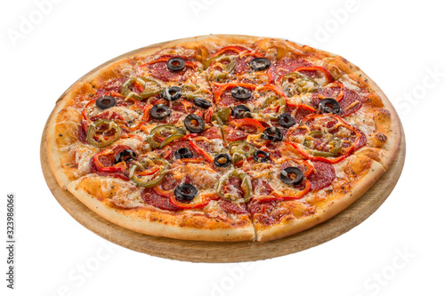 Pizza with jalapeno, pepperoni and olives isolated on white background