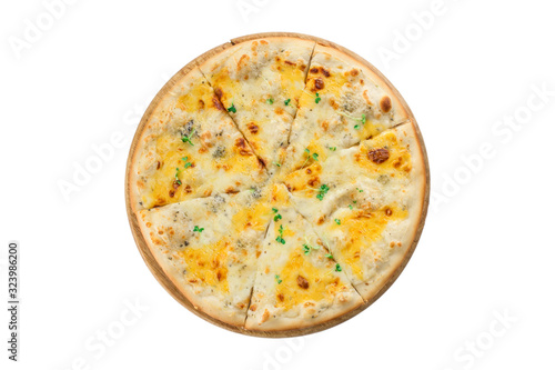 Quattro formaggi italian pizza with four sorts of cheese isolated on white background