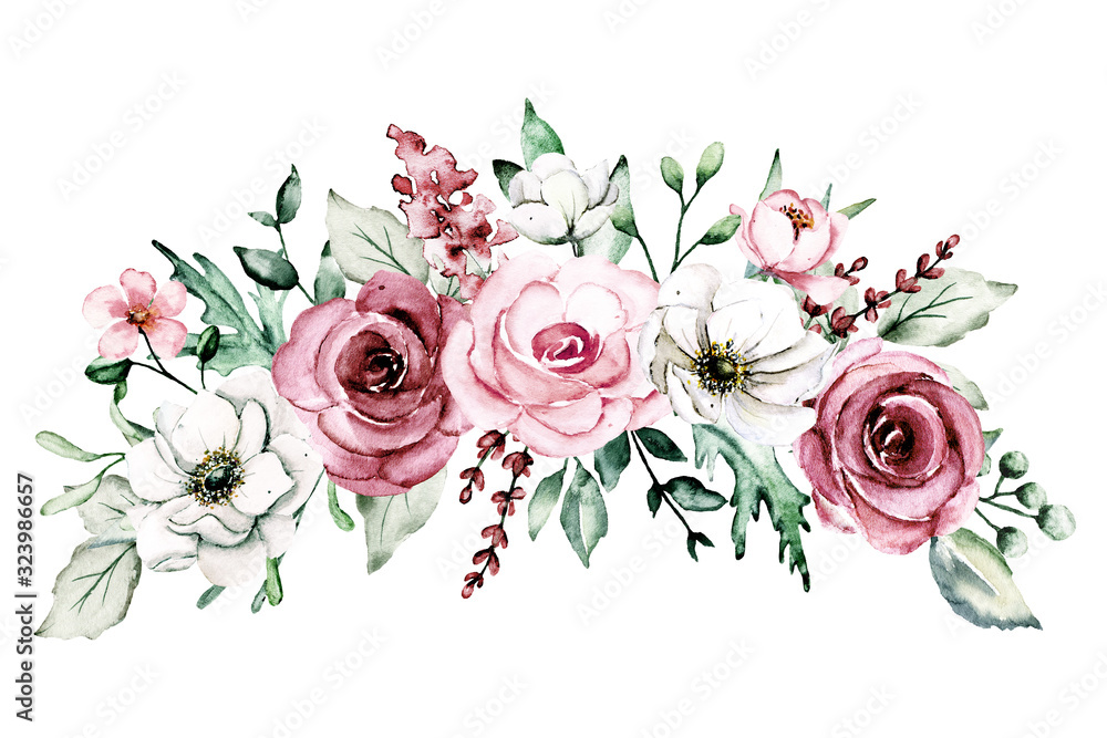 Pink flowers watercolor, floral clip art roses border. Bouquet ...