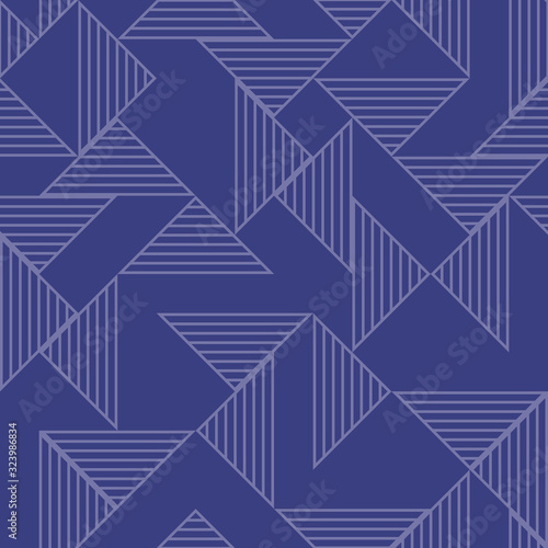 Seamless vector pattern with randomly scattered lined triangles in light blue on a cobalt blue background. Modern geometric design great for fabric, textiles, wrapping paper, packaging, gifts.