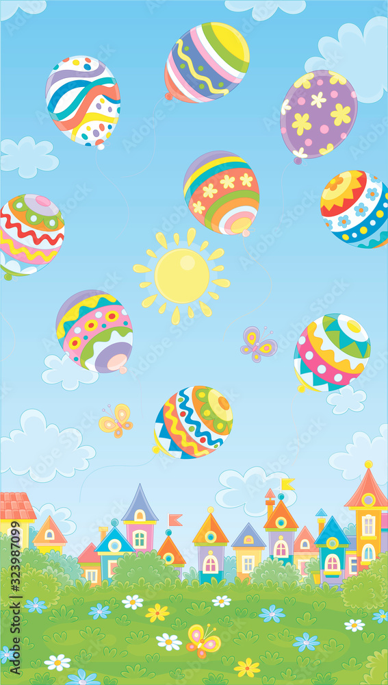 Colorfully decorated Easter balloons flying in the blue sky above a small toy town on a sunny spring day, vector cartoon illustration