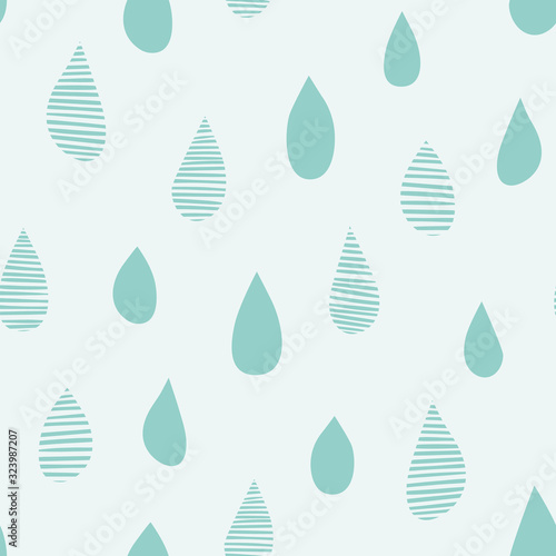 Seamless vector pattern with solid and lined raindrops in blue on a neutral beige background. Cute rainy day pattern great for fabric, gift wrap and bags, wallpaper, packaging, paper goods.
