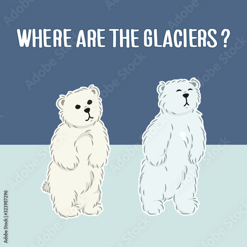 cute furry polar bears, cartoon wild animals from Red List, extinction problem, melting of glaciers, editable vector illustration for decoration, book, banner, poster, print