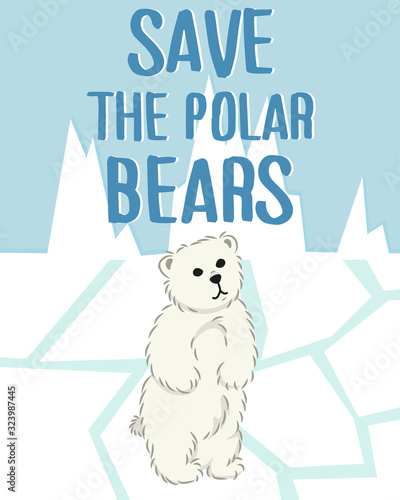 cute furry polar bear on arctic background, cartoon wild animal from Red List, extinction problem, editable vector illustration for decoration, book, banner, poster, print