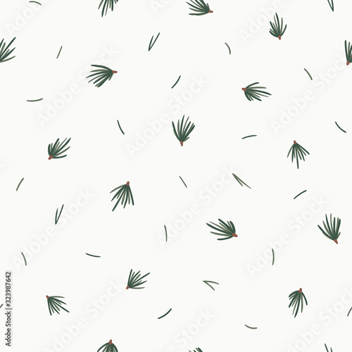 Seamless vector pattern with minimalist evergreen tips and needles in an elegant random placement on a neutral background. Modern winter holiday design great for gift wrap, tissue paper, paper goods.