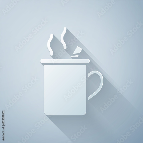 Paper cut Mulled wine with glass of drink and ingredients icon isolated on grey background. Cinnamon stick, clove, lemon slice. Paper art style. Vector Illustration