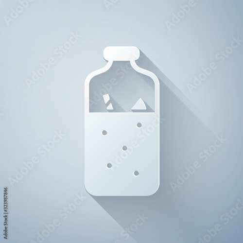 Paper cut Mulled wine with ingredients icon isolated on grey background. Cinnamon stick, clove, lemon slice. Paper art style. Vector Illustration