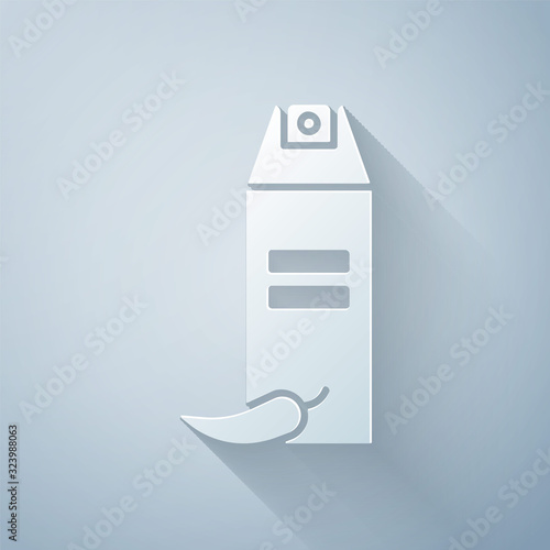 Paper cut Pepper spray icon isolated on grey background. OC gas. Capsicum self defense aerosol. Paper art style. Vector Illustration